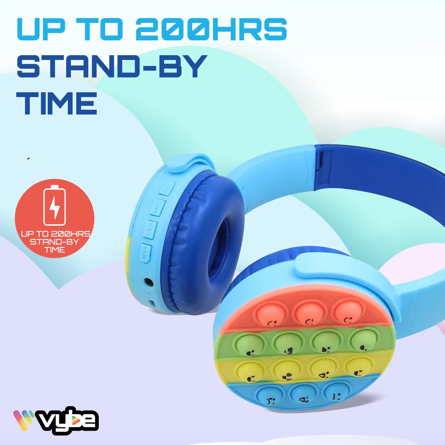Vybe Kids Wireless Headphones with Push-Pop Fidget Stress Buster Blue or Purple