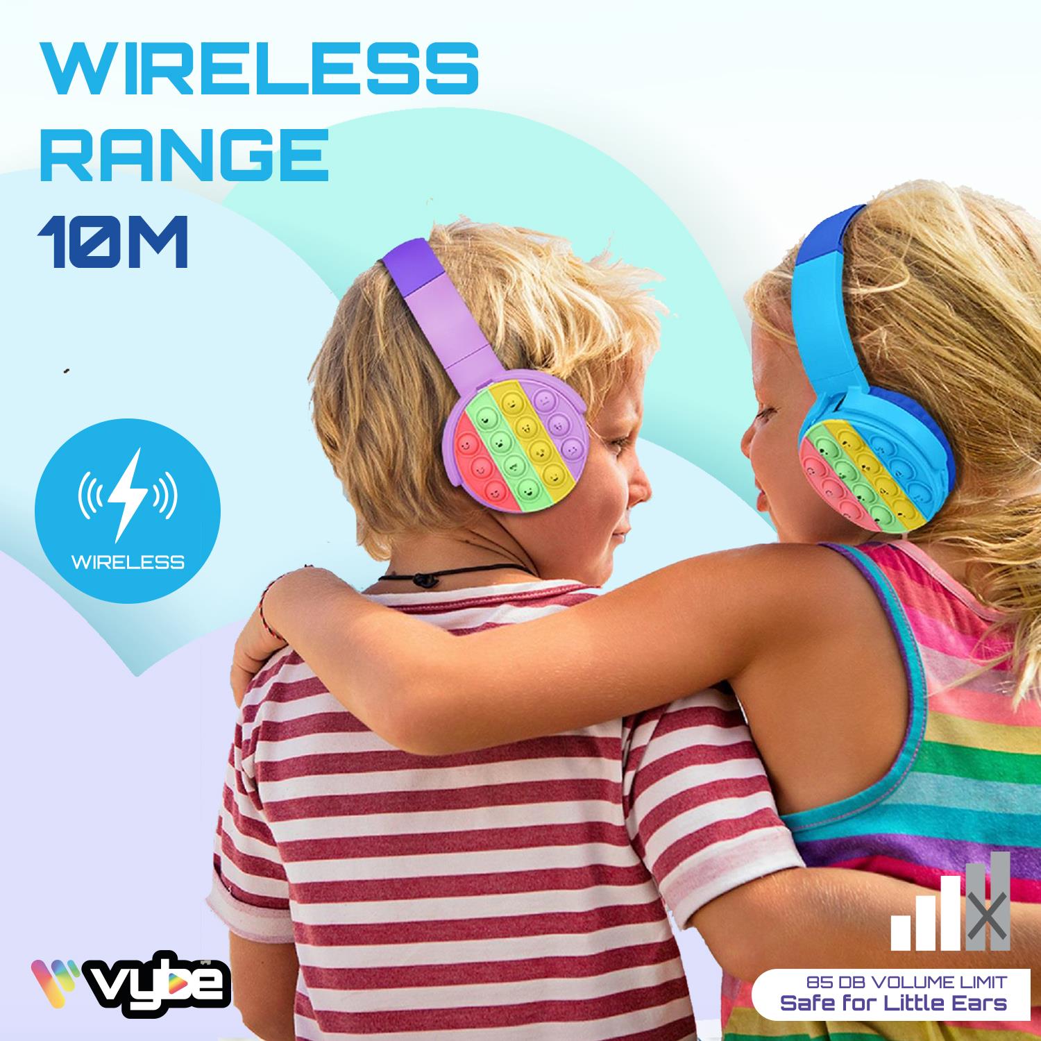 Vybe Kids Wireless Headphones with Push-Pop Fidget Stress Buster Blue or Purple