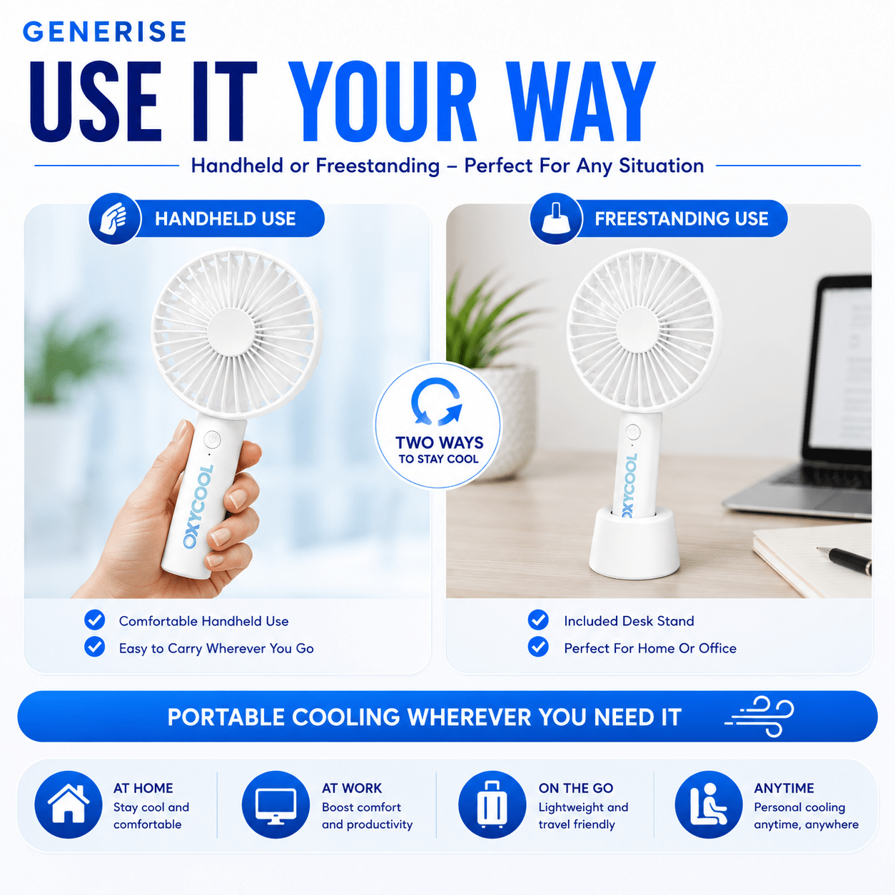 3 Speed Rechargeable Portable Handheld Fan 21cm USB Charging
