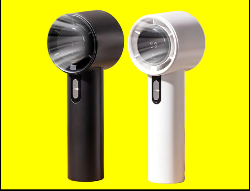 Two handheld fan devices shown side by side on a bright yellow background, one in matte black and one in matte white, both with circular transparent front covers and small digital display screens.