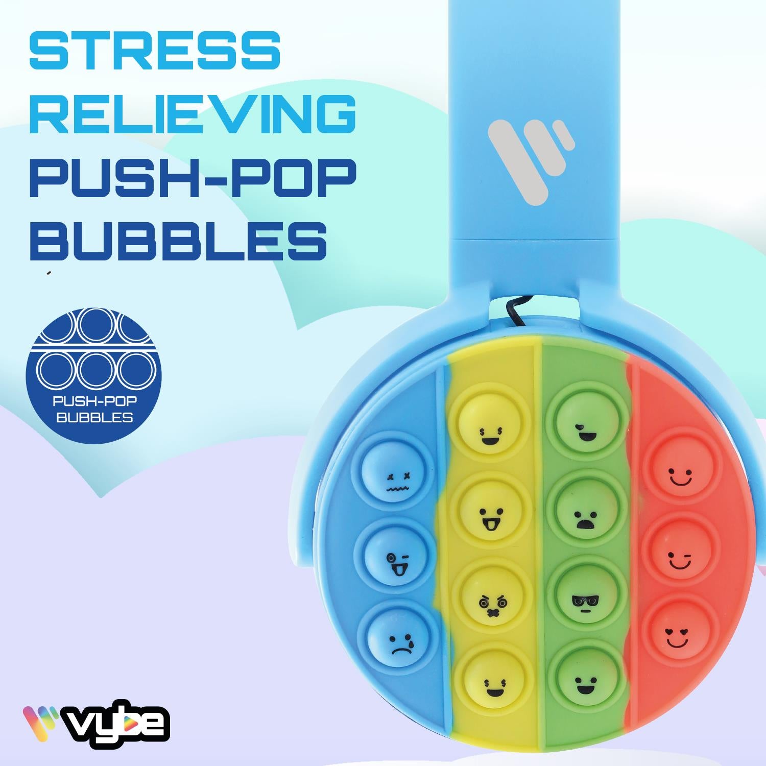Vybe Kids Wireless Headphones with Push-Pop Fidget Stress Buster Blue or Purple