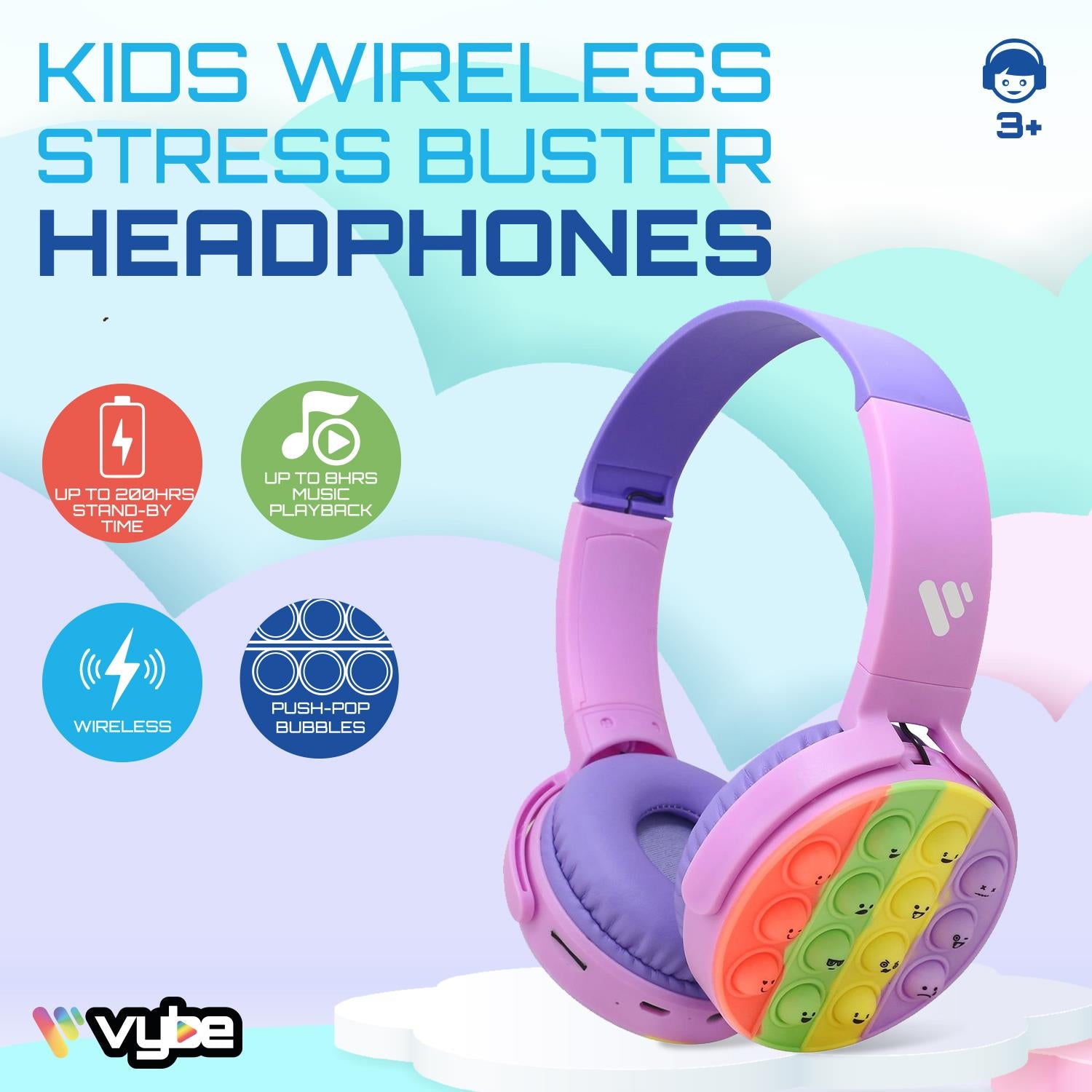 Vybe Kids Wireless Headphones with Push-Pop Fidget Stress Buster Blue or Purple