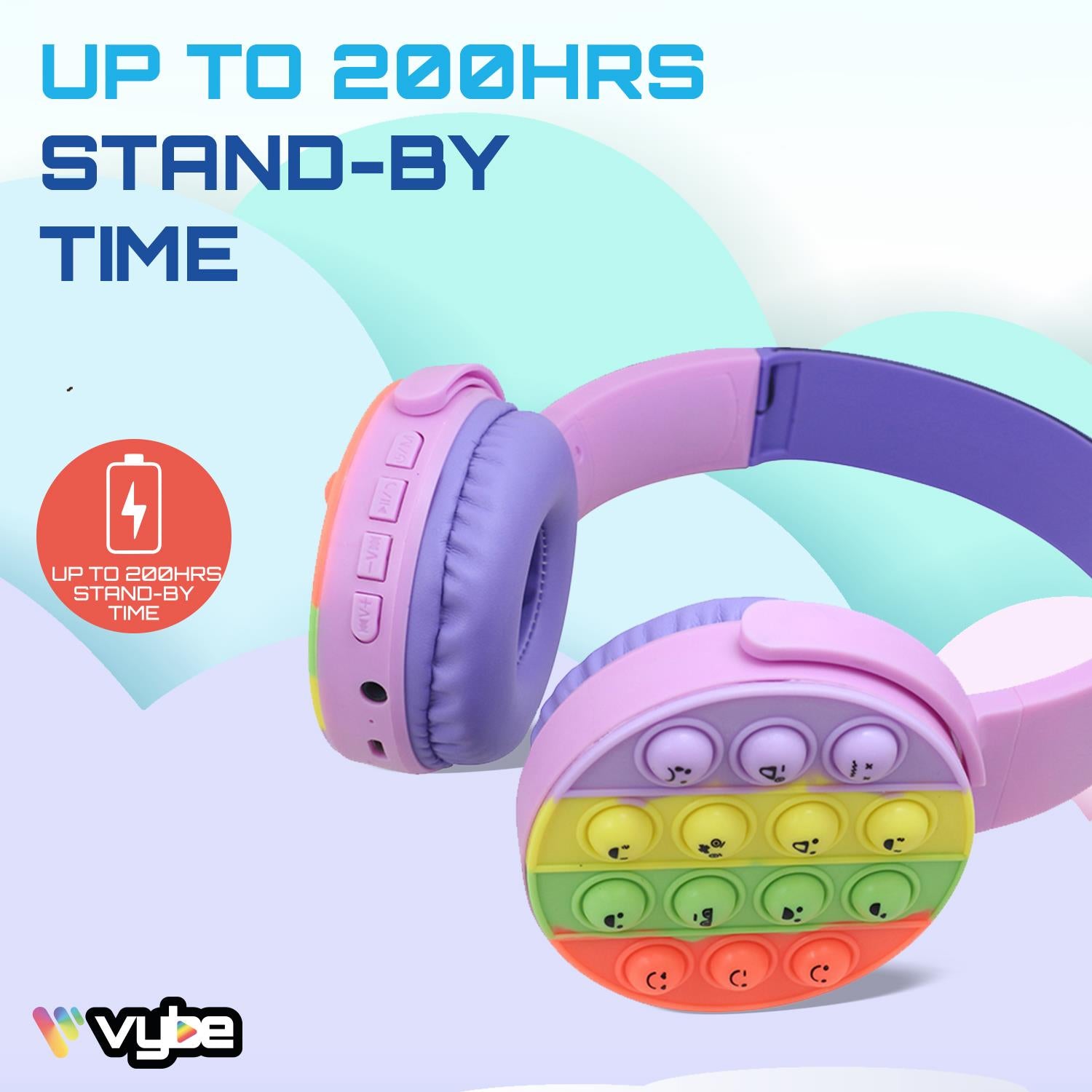 Vybe Kids Wireless Headphones with Push-Pop Fidget Stress Buster Blue or Purple