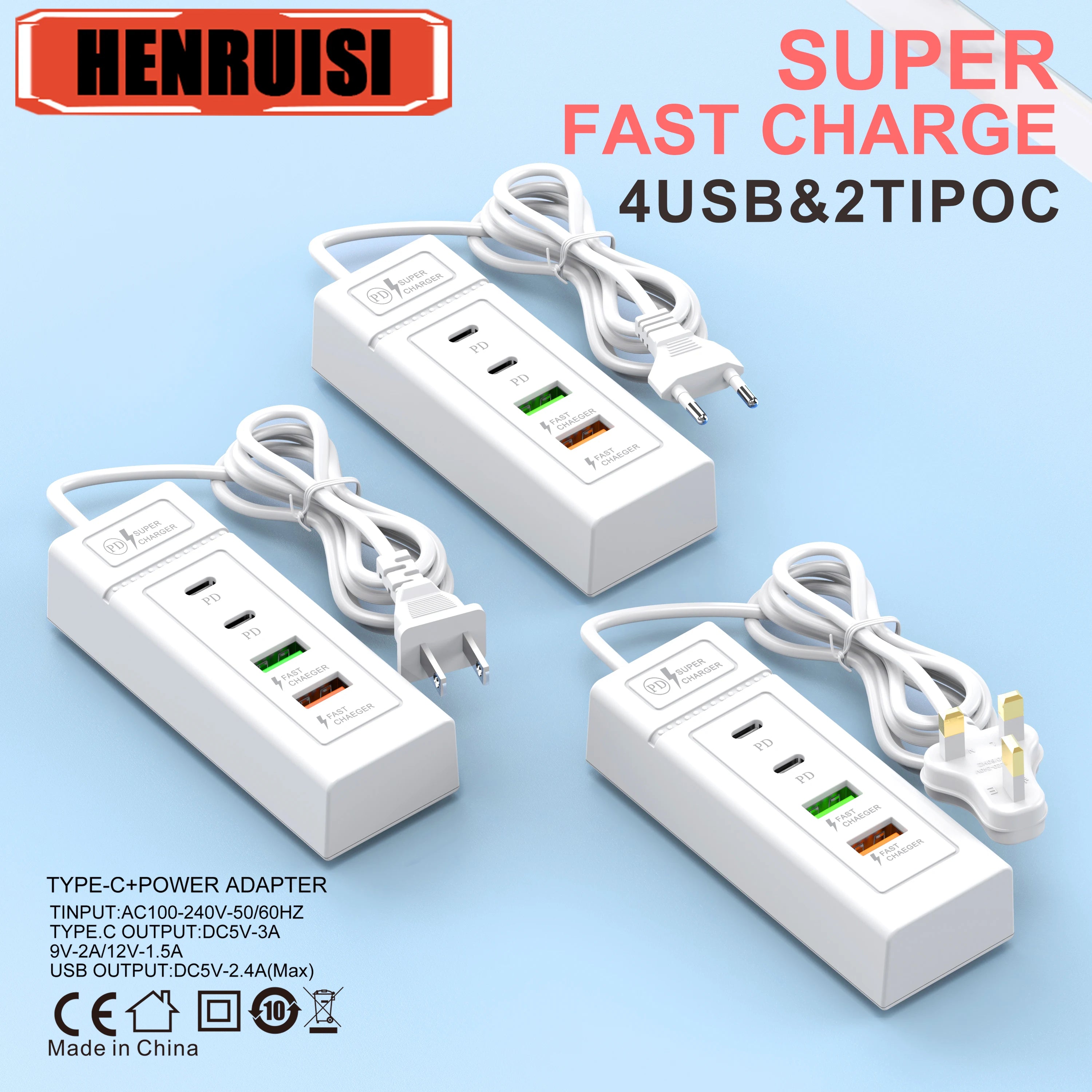 USB Plug Power Strip Charger Station Splitter 5V4A USB TYPE C 3.0 Fast Charger