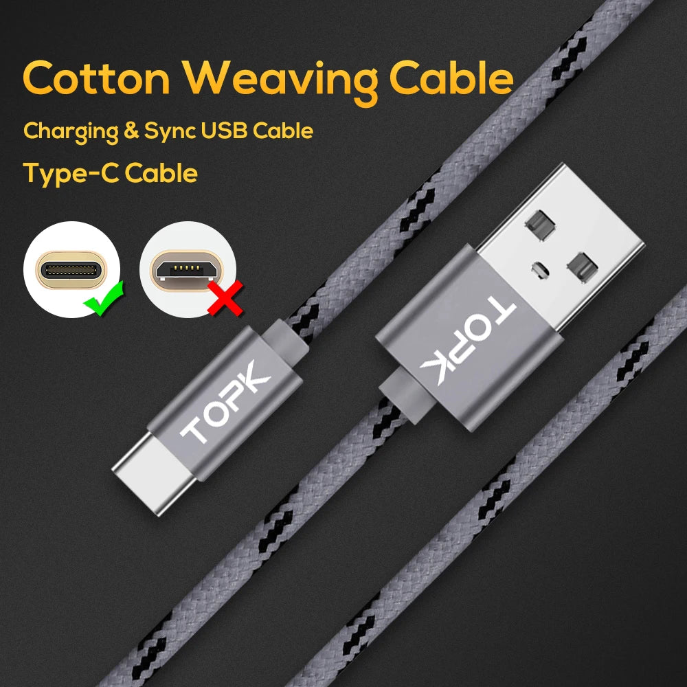 TOPK Original 1M 2m USB Type C Cable Data transmission & Charge Type-C USB for Xiaomi 4C / OnePlus 2 / Nokia N1 / MacBookd