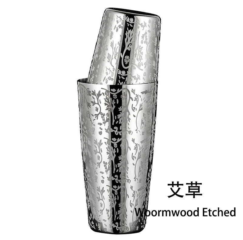 Boston Cocktail Shaker With Etched Pattern Bar Cocktail Shaker Tin Set - 800ml & 500ml