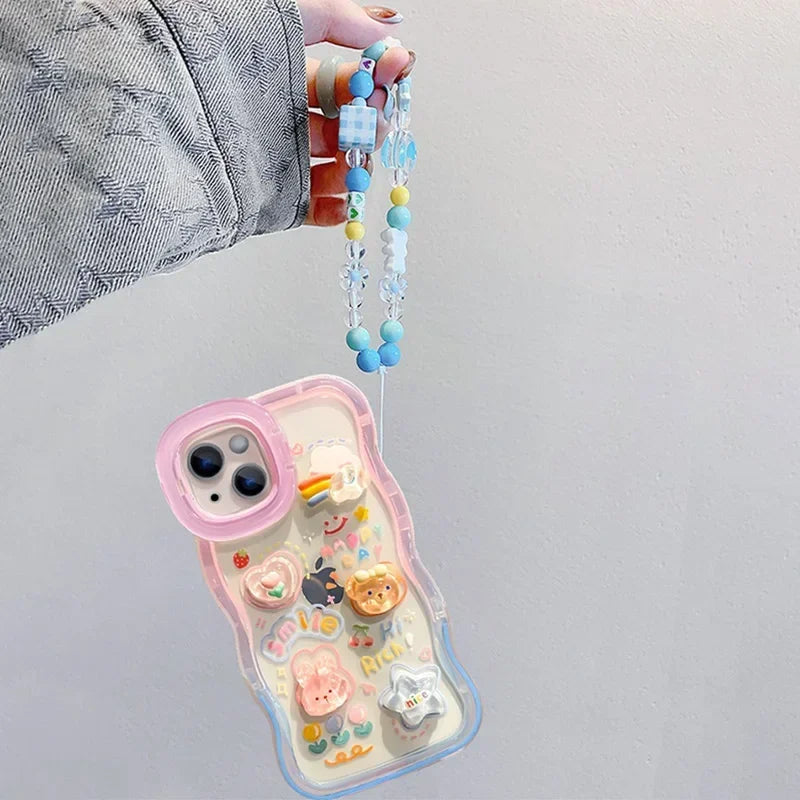 Bead Bracelet Chain Phone Holder Case For iPhone 15 16 14 13 12 11 Pro Max Plus XS XR 3D Rainbow Love Bracket Holder Stand Cover