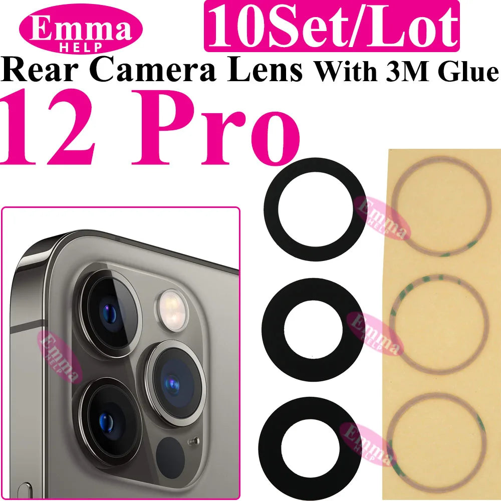 Emmahelp 10pcs A+ Back Camera Glass for iPhone 11 12 13 14 15 Pro Max 13Mini XR XS 14Plus Rear Camera Cover Lens 3M Sticker