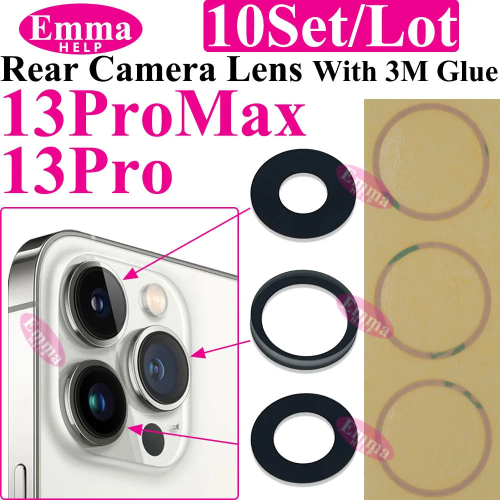 Emmahelp 10pcs A+ Back Camera Glass for iPhone 11 12 13 14 15 Pro Max 13Mini XR XS 14Plus Rear Camera Cover Lens 3M Sticker
