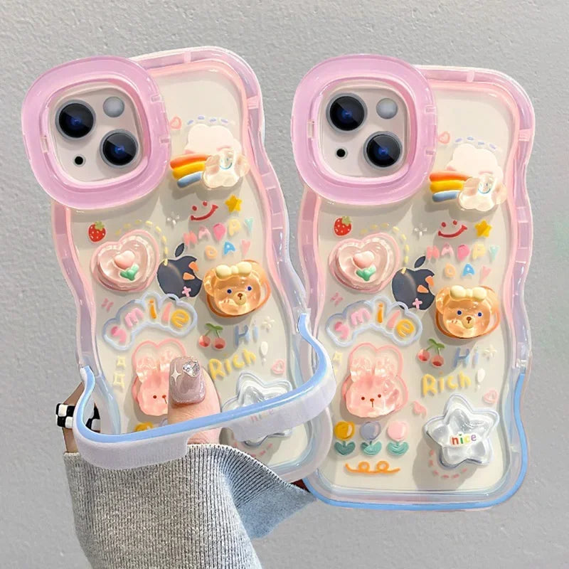 Bead Bracelet Chain Phone Holder Case For iPhone 15 16 14 13 12 11 Pro Max Plus XS XR 3D Rainbow Love Bracket Holder Stand Cover