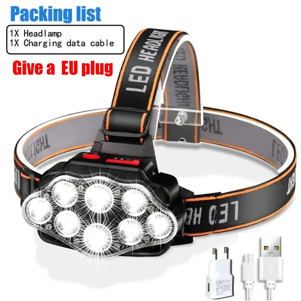 8LED Powerful Rechargeable Head Flashlight for Fishing Led Headlamp Camping Headlights Hunting Torch Hiking Front Lanterns
