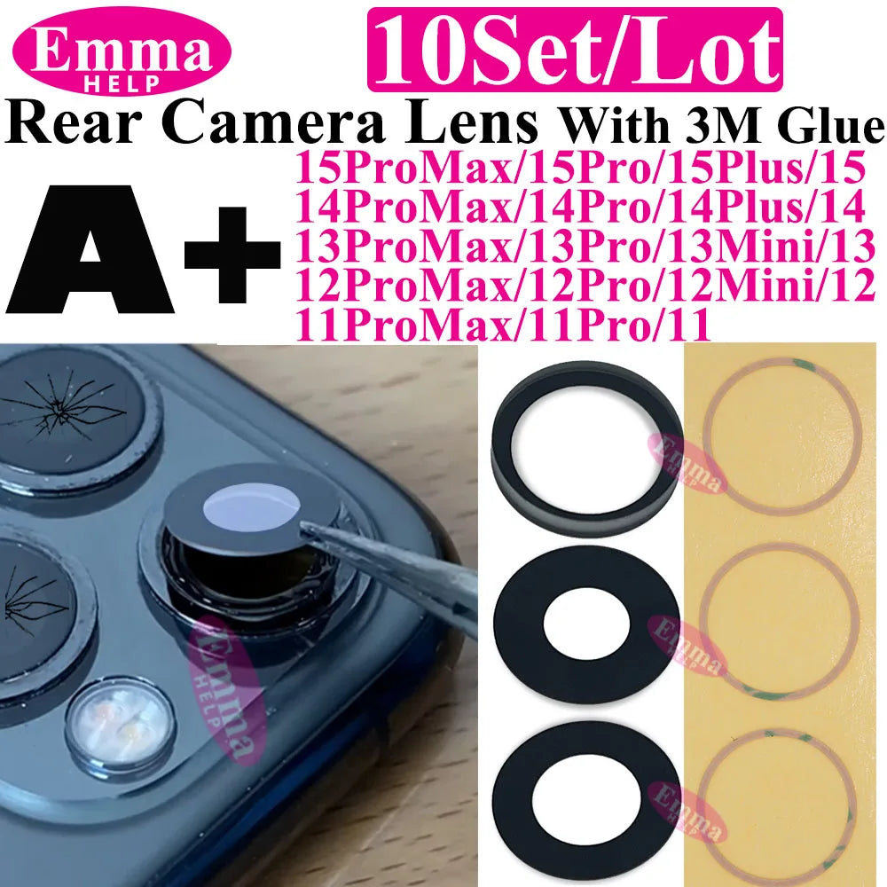 Emmahelp 10pcs A+ Back Camera Glass for iPhone 11 12 13 14 15 Pro Max 13Mini XR XS 14Plus Rear Camera Cover Lens 3M Sticker