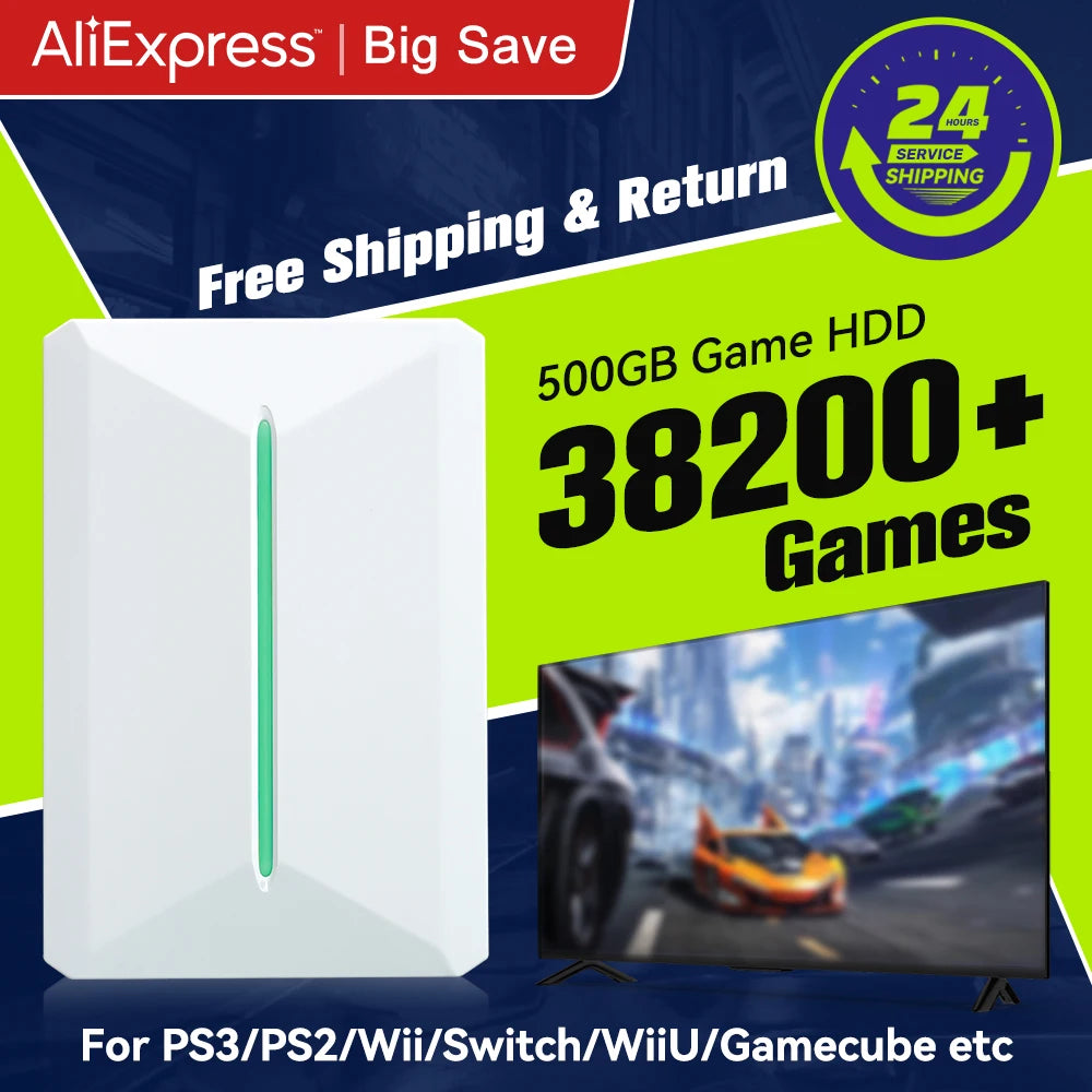 Retro bat & Playnite Retro Game Console 500GB Gaming HDD for PS3/PS2/Switch/Wii/WiiU for PC/Laptop with 38200+ Retro/AAA/PC Games
