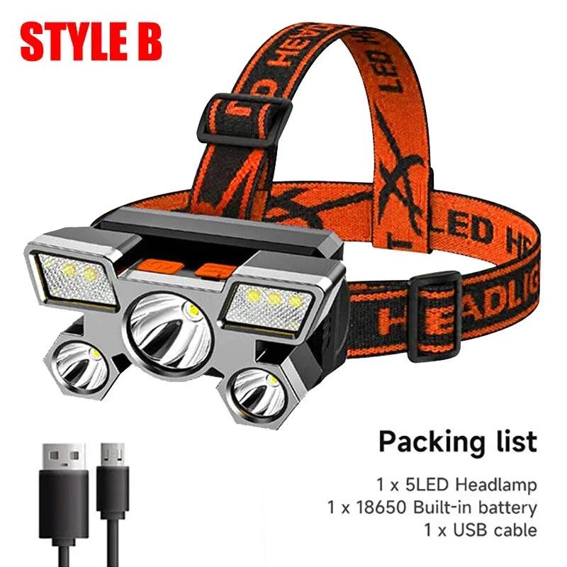 USB Rechargeable 5 LED Headlamp Super Bright Head-Mounted Strong Flashlight Built-in Battery Outdoor Camping Night Fishing Lamp