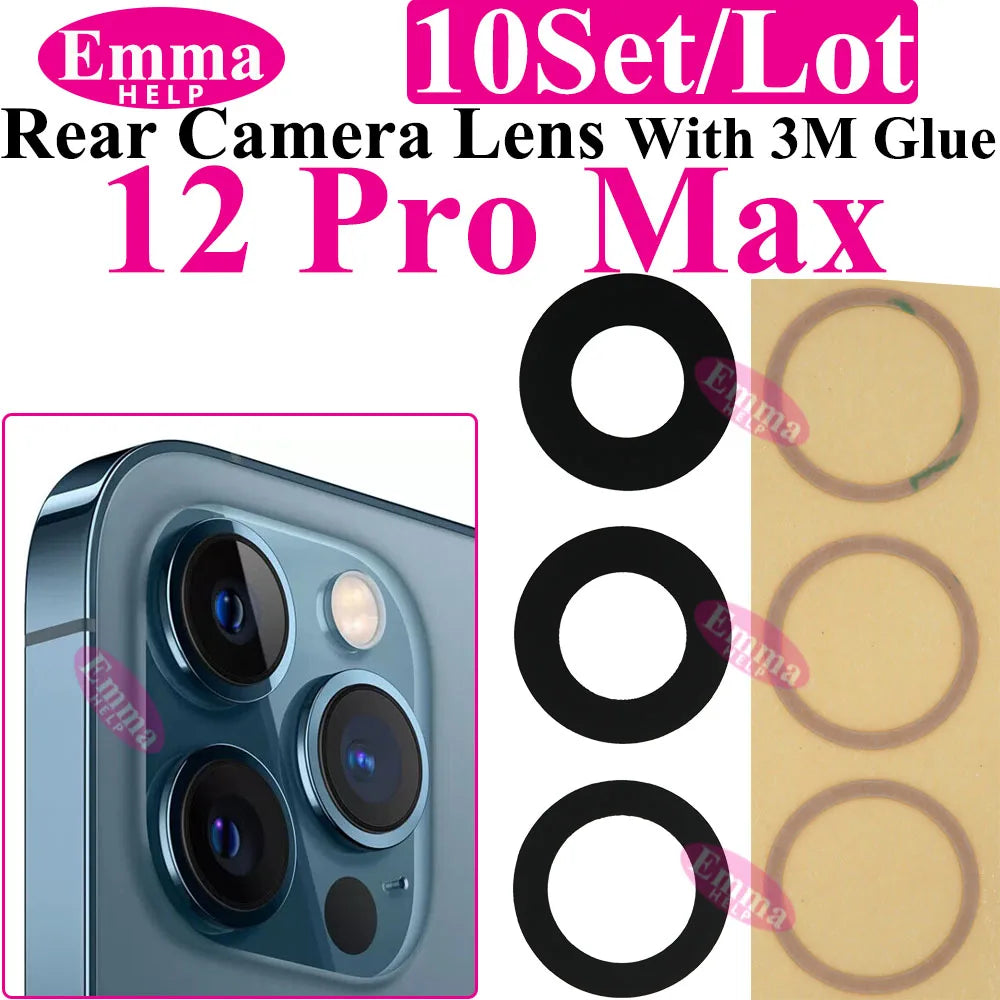 Emmahelp 10pcs A+ Back Camera Glass for iPhone 11 12 13 14 15 Pro Max 13Mini XR XS 14Plus Rear Camera Cover Lens 3M Sticker