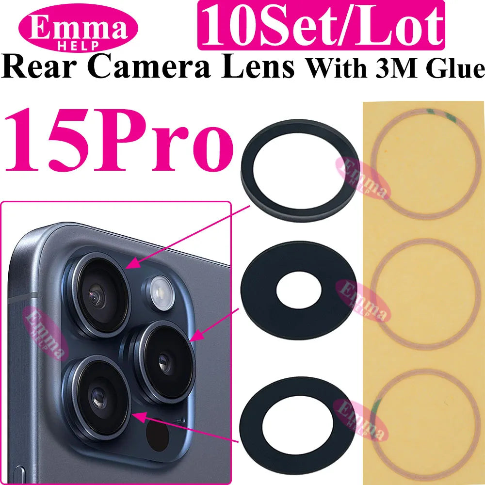 Emmahelp 10pcs A+ Back Camera Glass for iPhone 11 12 13 14 15 Pro Max 13Mini XR XS 14Plus Rear Camera Cover Lens 3M Sticker