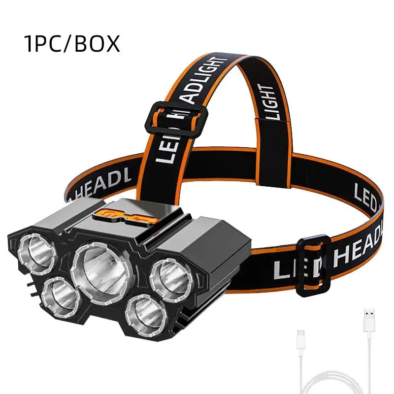 LED Strong Light Five Headed Outdoor Waterproof Fishing Light USB Rechargeable Ultra Bright Head Mounted Flashlight