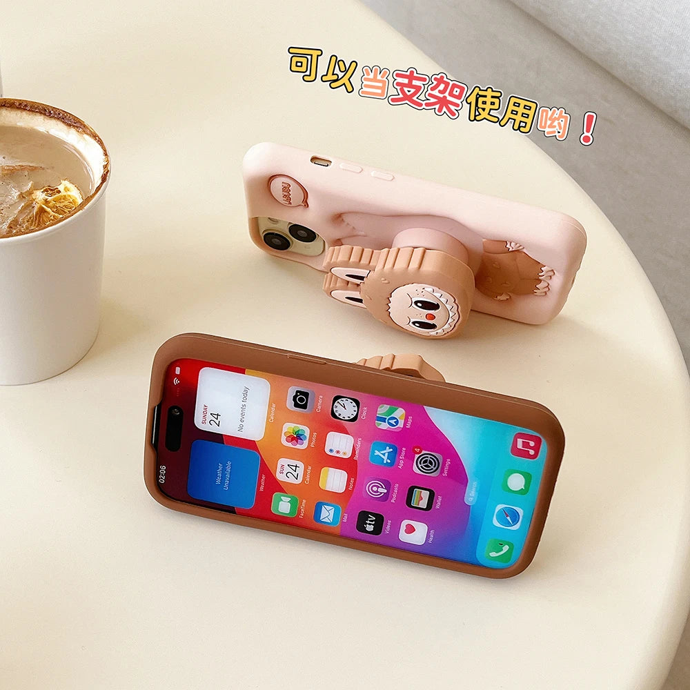 For iPhone 16 15 14 13 12 11 Pro 7 8 Plus X XS Max XR Kawaii 3D Cartoon LaBuBu Monsters Soft Silicone Cover With Holder Case