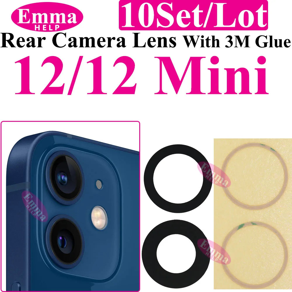 Emmahelp 10pcs A+ Back Camera Glass for iPhone 11 12 13 14 15 Pro Max 13Mini XR XS 14Plus Rear Camera Cover Lens 3M Sticker