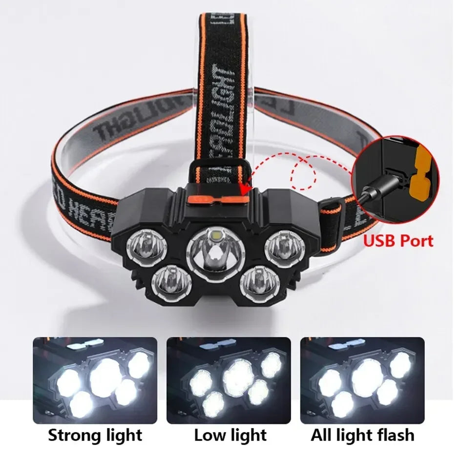 USB Rechargeable 5 LED Headlamp Super Bright Head-Mounted Strong Flashlight Built-in Battery Outdoor Camping Night Fishing Lamp