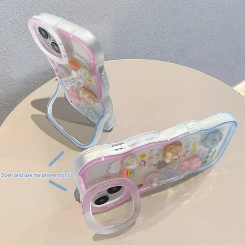 Bead Bracelet Chain Phone Holder Case For iPhone 15 16 14 13 12 11 Pro Max Plus XS XR 3D Rainbow Love Bracket Holder Stand Cover