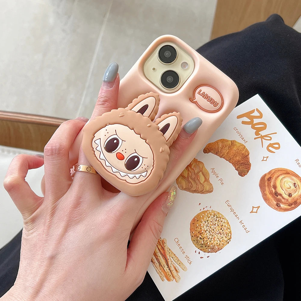 For iPhone 16 15 14 13 12 11 Pro 7 8 Plus X XS Max XR Kawaii 3D Cartoon LaBuBu Monsters Soft Silicone Cover With Holder Case