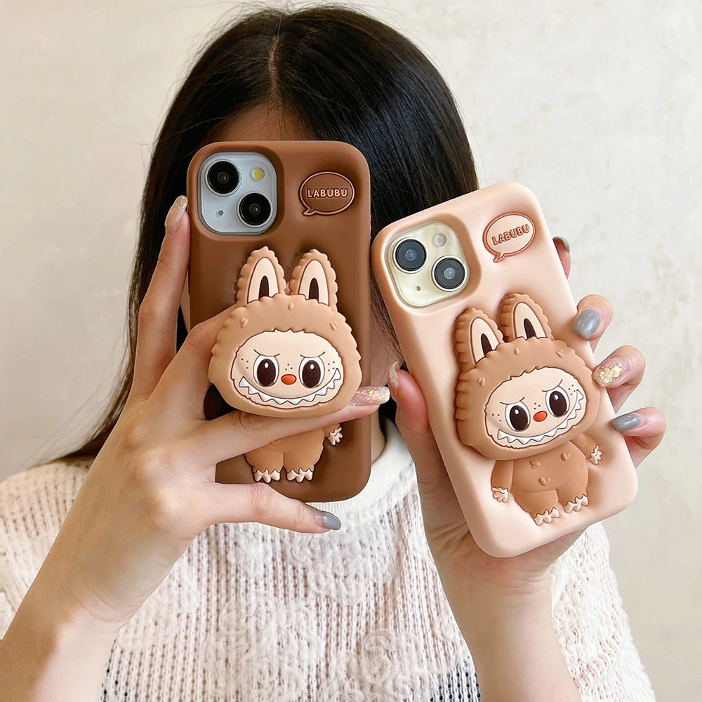 For iPhone 16 15 14 13 12 11 Pro 7 8 Plus X XS Max XR Kawaii 3D Cartoon LaBuBu Monsters Soft Silicone Cover With Holder Case