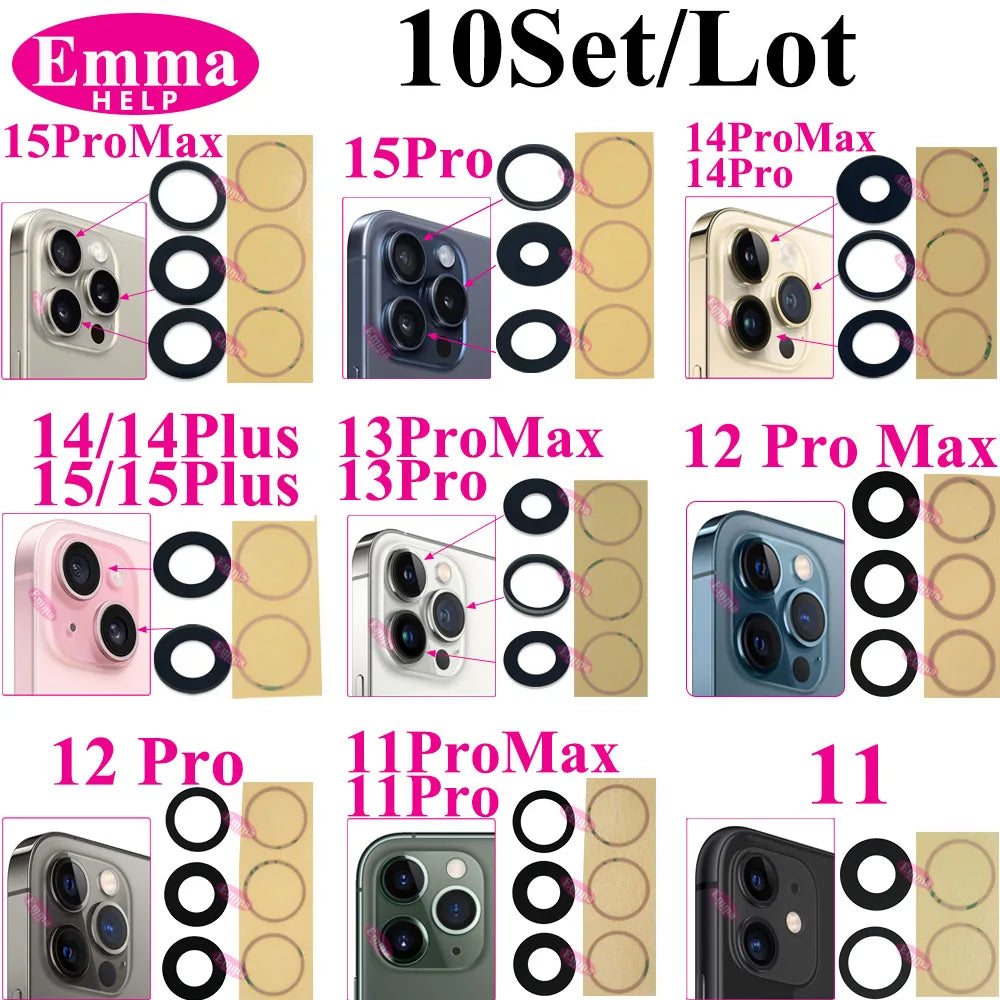 Emmahelp 10pcs A+ Back Camera Glass for iPhone 11 12 13 14 15 Pro Max 13Mini XR XS 14Plus Rear Camera Cover Lens 3M Sticker