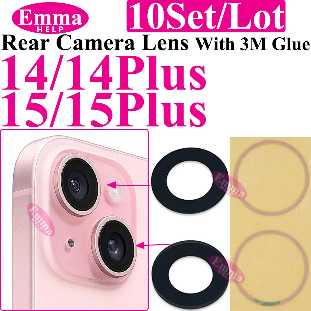 Emmahelp 10pcs A+ Back Camera Glass for iPhone 11 12 13 14 15 Pro Max 13Mini XR XS 14Plus Rear Camera Cover Lens 3M Sticker