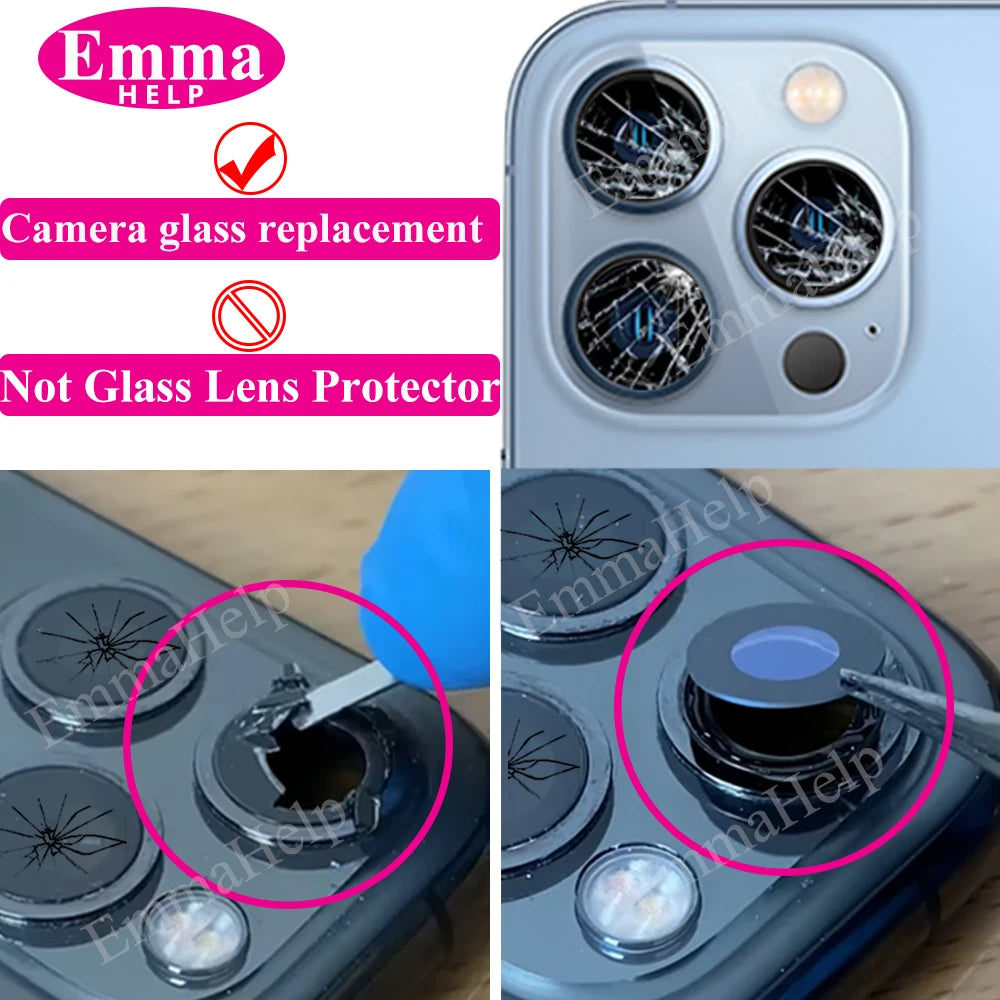 Emmahelp 10pcs A+ Back Camera Glass for iPhone 11 12 13 14 15 Pro Max 13Mini XR XS 14Plus Rear Camera Cover Lens 3M Sticker