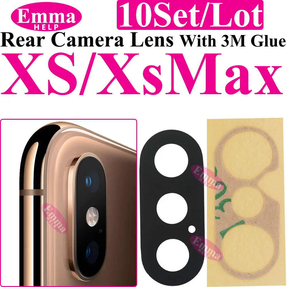 Emmahelp 10pcs A+ Back Camera Glass for iPhone 11 12 13 14 15 Pro Max 13Mini XR XS 14Plus Rear Camera Cover Lens 3M Sticker