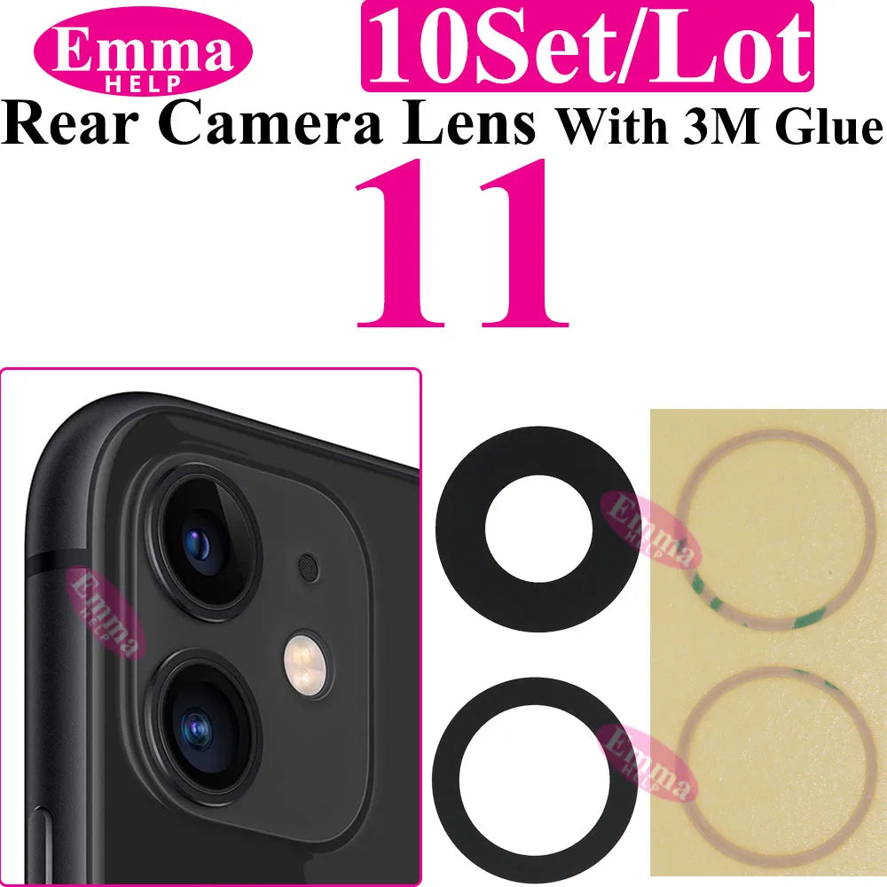 Emmahelp 10pcs A+ Back Camera Glass for iPhone 11 12 13 14 15 Pro Max 13Mini XR XS 14Plus Rear Camera Cover Lens 3M Sticker