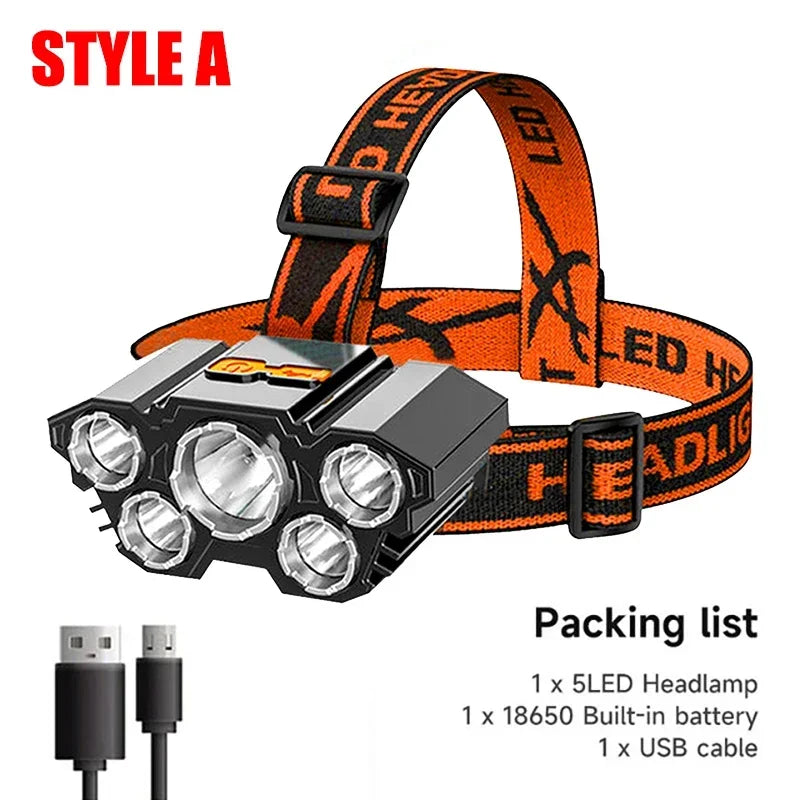 USB Rechargeable 5 LED Headlamp Super Bright Head-Mounted Strong Flashlight Built-in Battery Outdoor Camping Night Fishing Lamp