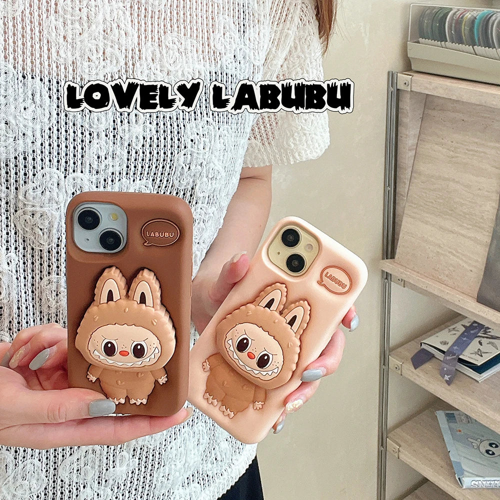 For iPhone 16 15 14 13 12 11 Pro 7 8 Plus X XS Max XR Kawaii 3D Cartoon LaBuBu Monsters Soft Silicone Cover With Holder Case