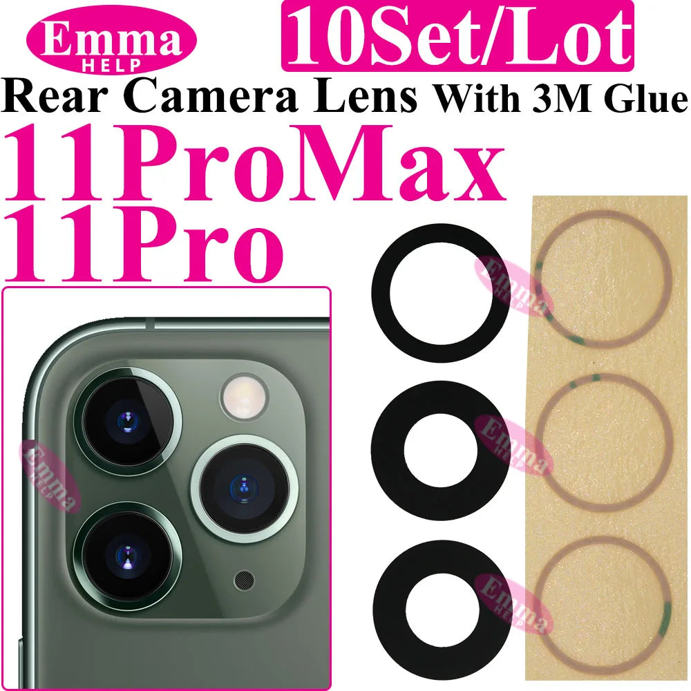 Emmahelp 10pcs A+ Back Camera Glass for iPhone 11 12 13 14 15 Pro Max 13Mini XR XS 14Plus Rear Camera Cover Lens 3M Sticker
