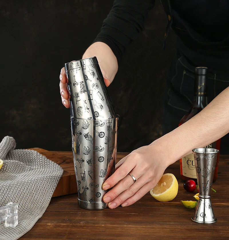 Boston Cocktail Shaker With Etched Pattern Bar Cocktail Shaker Tin Set - 800ml & 500ml