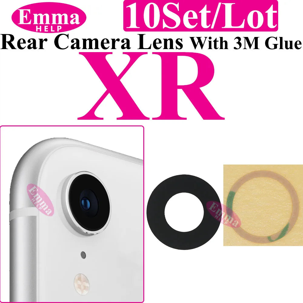 Emmahelp 10pcs A+ Back Camera Glass for iPhone 11 12 13 14 15 Pro Max 13Mini XR XS 14Plus Rear Camera Cover Lens 3M Sticker