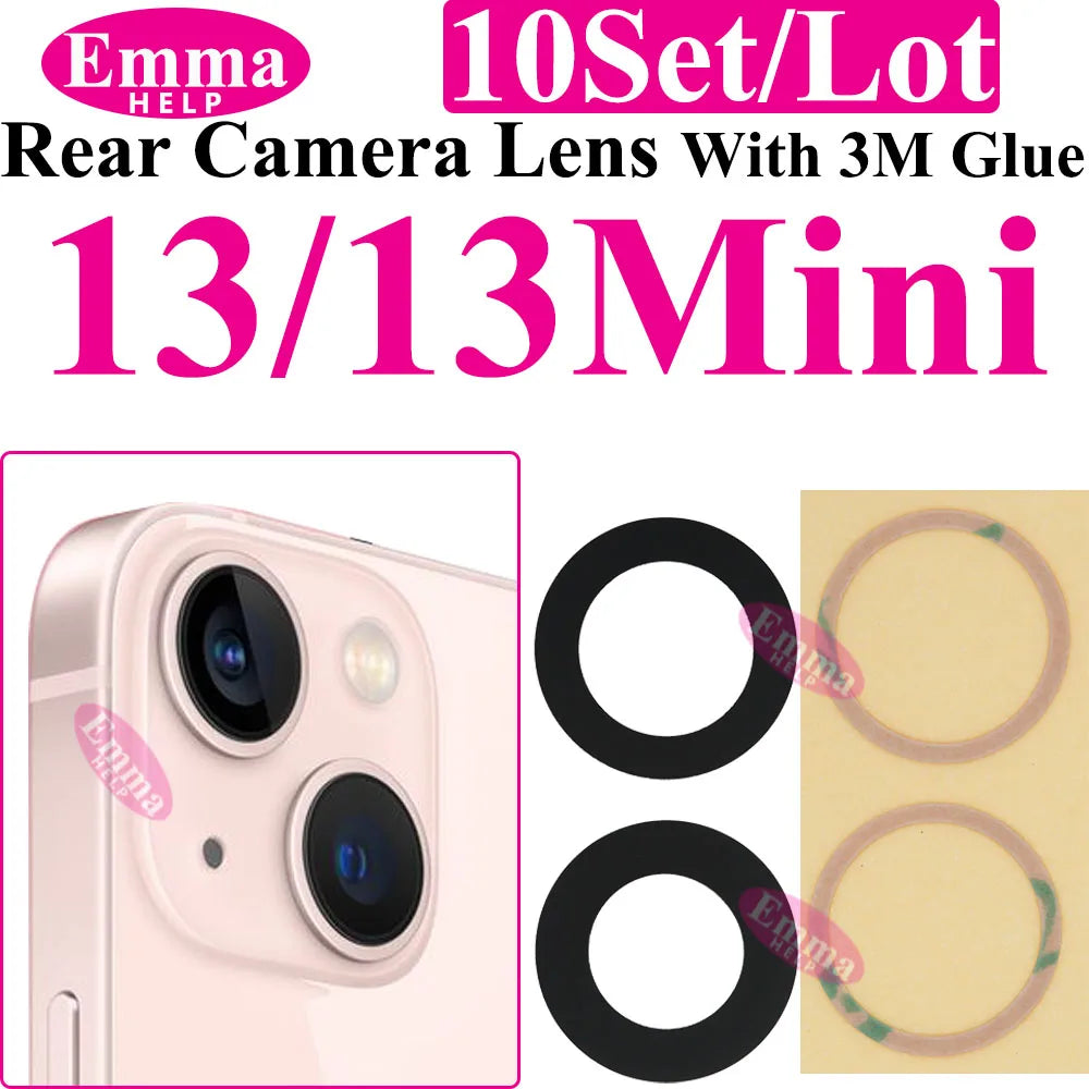 Emmahelp 10pcs A+ Back Camera Glass for iPhone 11 12 13 14 15 Pro Max 13Mini XR XS 14Plus Rear Camera Cover Lens 3M Sticker