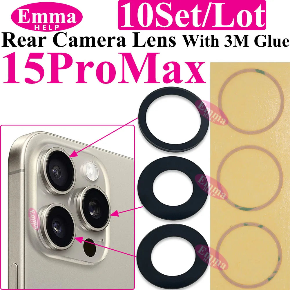 Emmahelp 10pcs A+ Back Camera Glass for iPhone 11 12 13 14 15 Pro Max 13Mini XR XS 14Plus Rear Camera Cover Lens 3M Sticker
