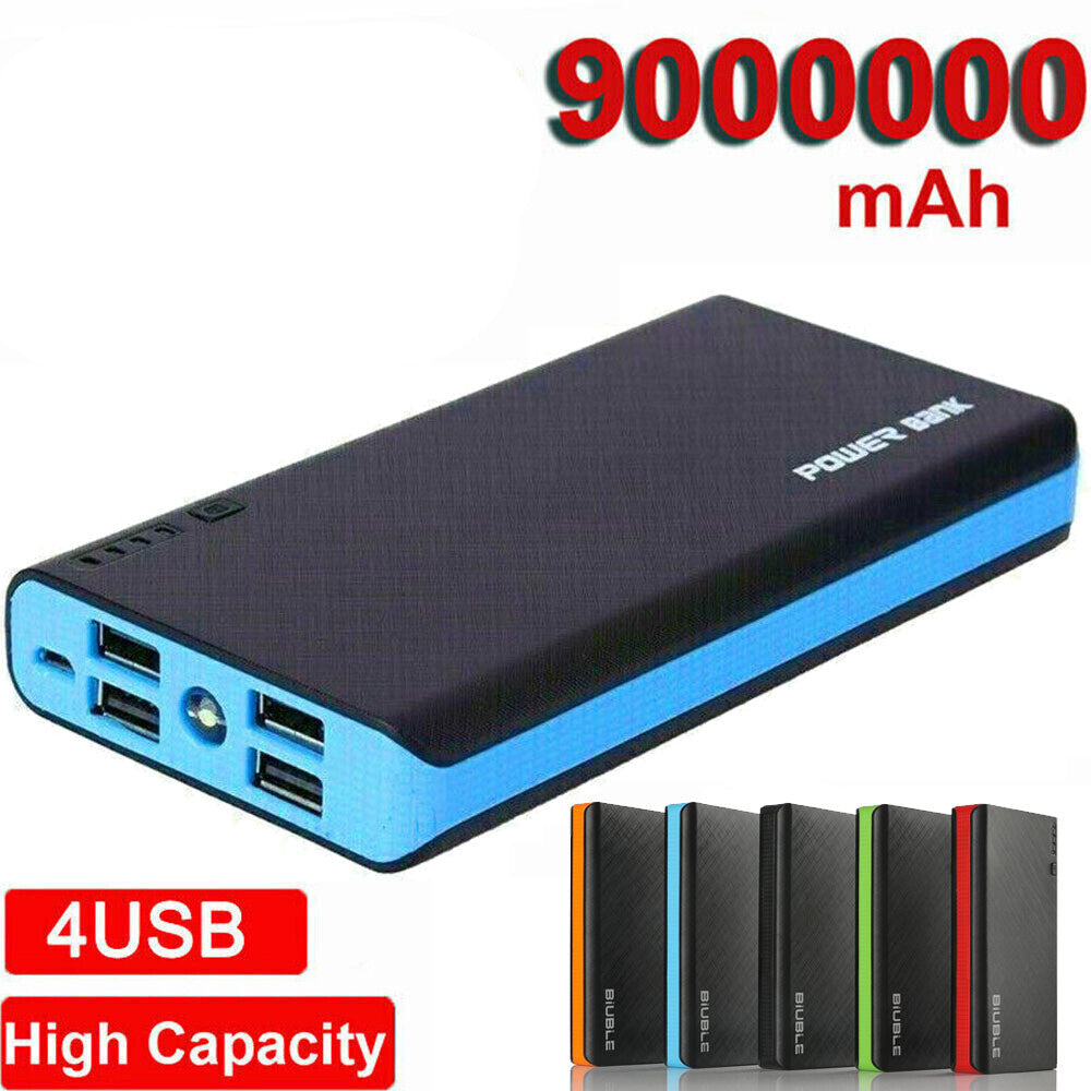 9000000mAh power bank with multiple color options and brand logos on a white background