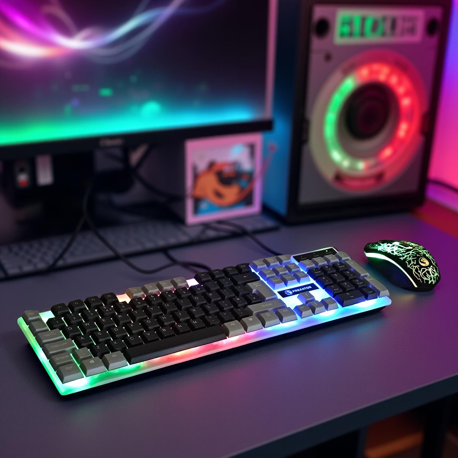 LED Gaming Keyboard And Mouse Set Rainbow RGB USB Wired UK PC PS4 PS5 XBOX ONE