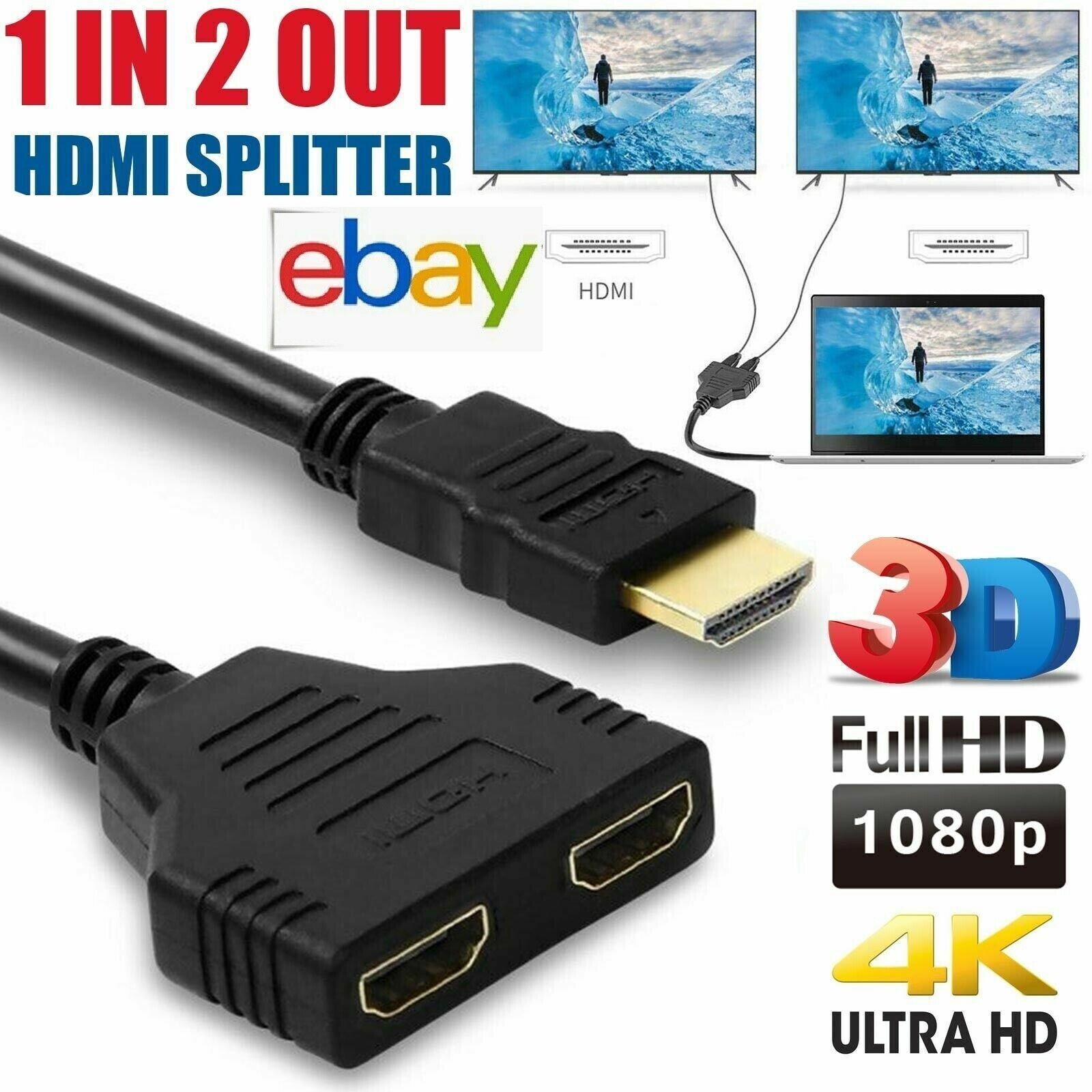 HDMI Splitter Adapter Cable 1 Input 2 Output for Office monitor pc laptop 1080p