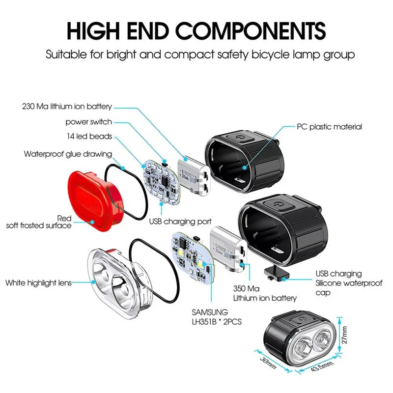 2x Bike Lights USB Rechargeable Bicycle LED Front & Rear