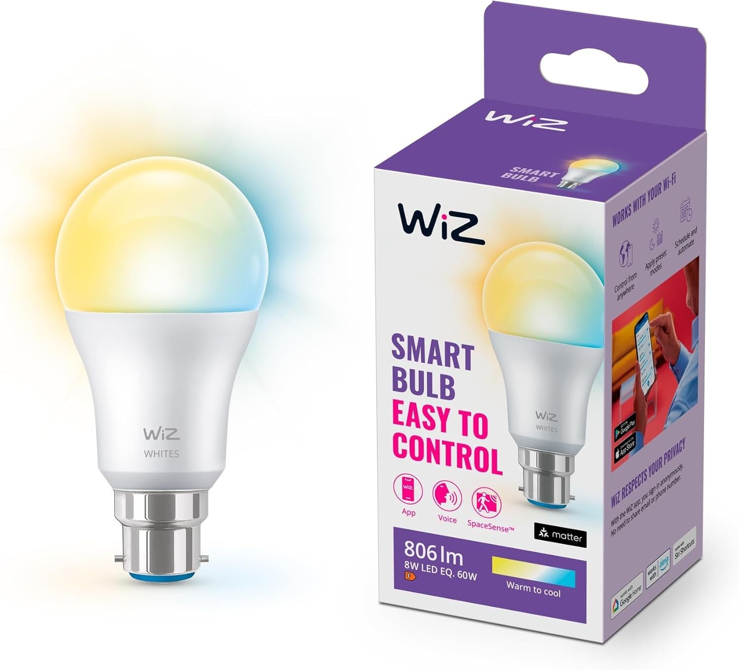 WiZ Tunable White B22 Smart WiFi Light Bulb 60W Warm Cool White Alexa Google