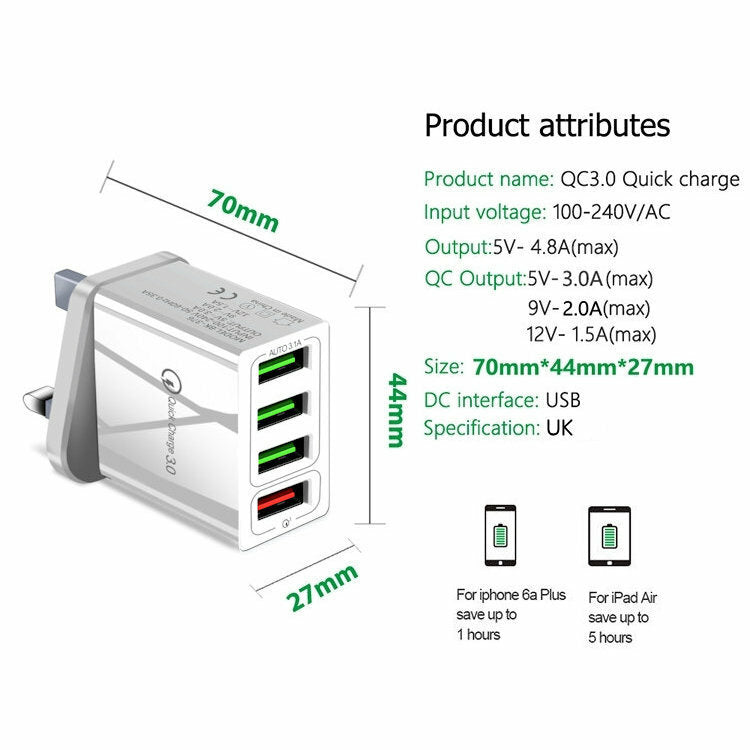 PowerPro Quick Charge 3.0 4x Multi USB Fast UK Plug Wall Charger Up to 3x faster