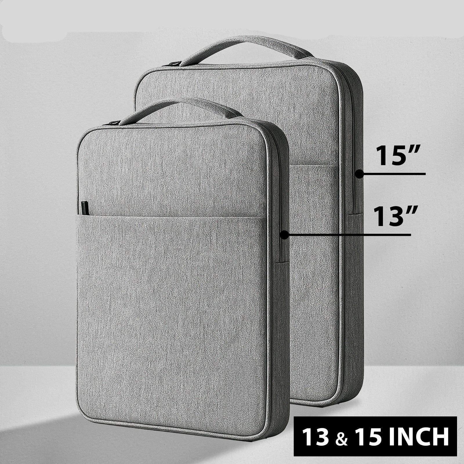 Two light gray fabric laptop sleeves shown on a light gray background, with size callouts indicating 13 and 15 inches. Text at the top reads UK STOCK and FREE SHIPPING.
