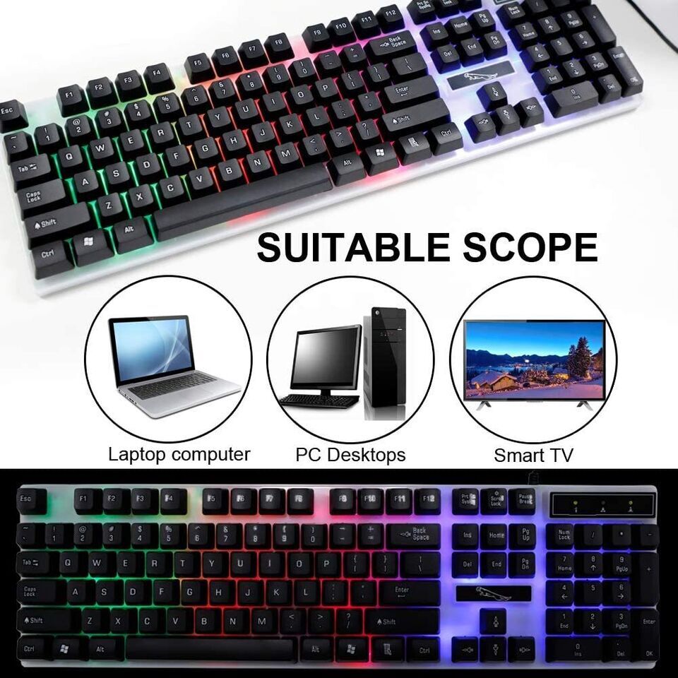Gaming Keyboard Mouse Set USB Rainbow RGB LED Wired For PC Laptop PS5 Xbox One