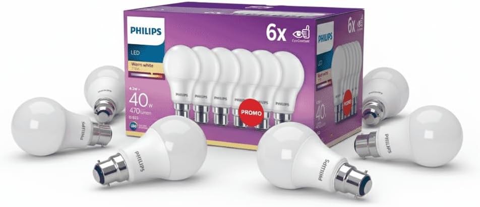 Philips B22 LED Light Bulb GLS 4.2W 470 Lumens Warm White 2700K 6 Pack