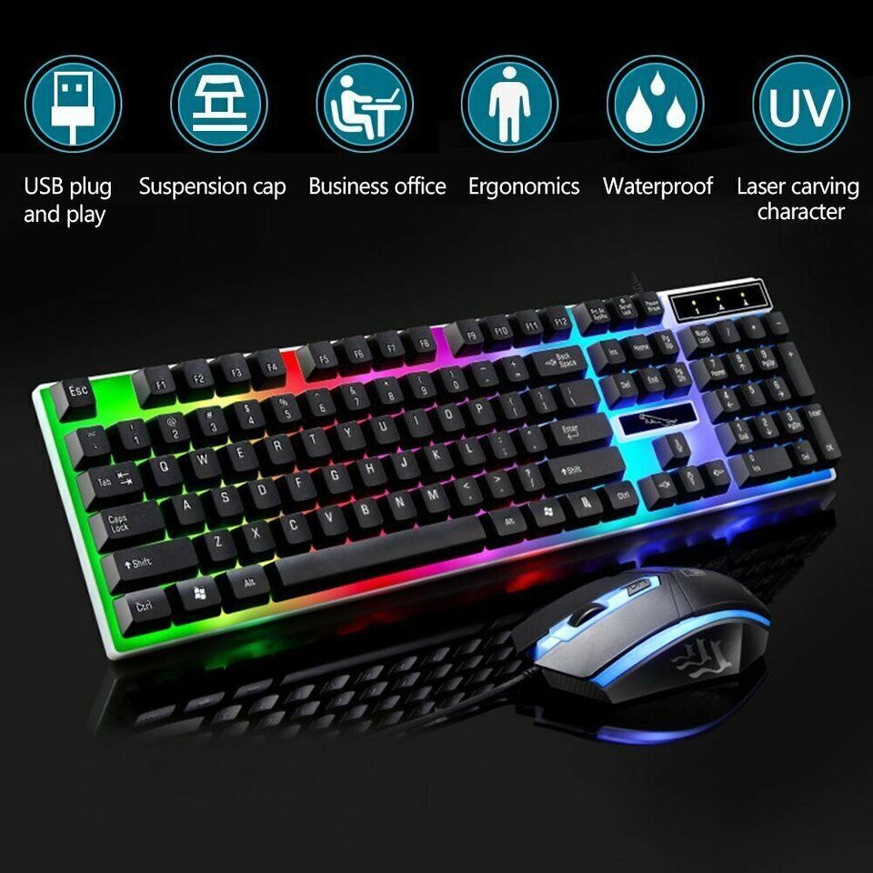 Gaming Keyboard Mouse Set USB Rainbow RGB LED Wired For PC Laptop PS5 Xbox One