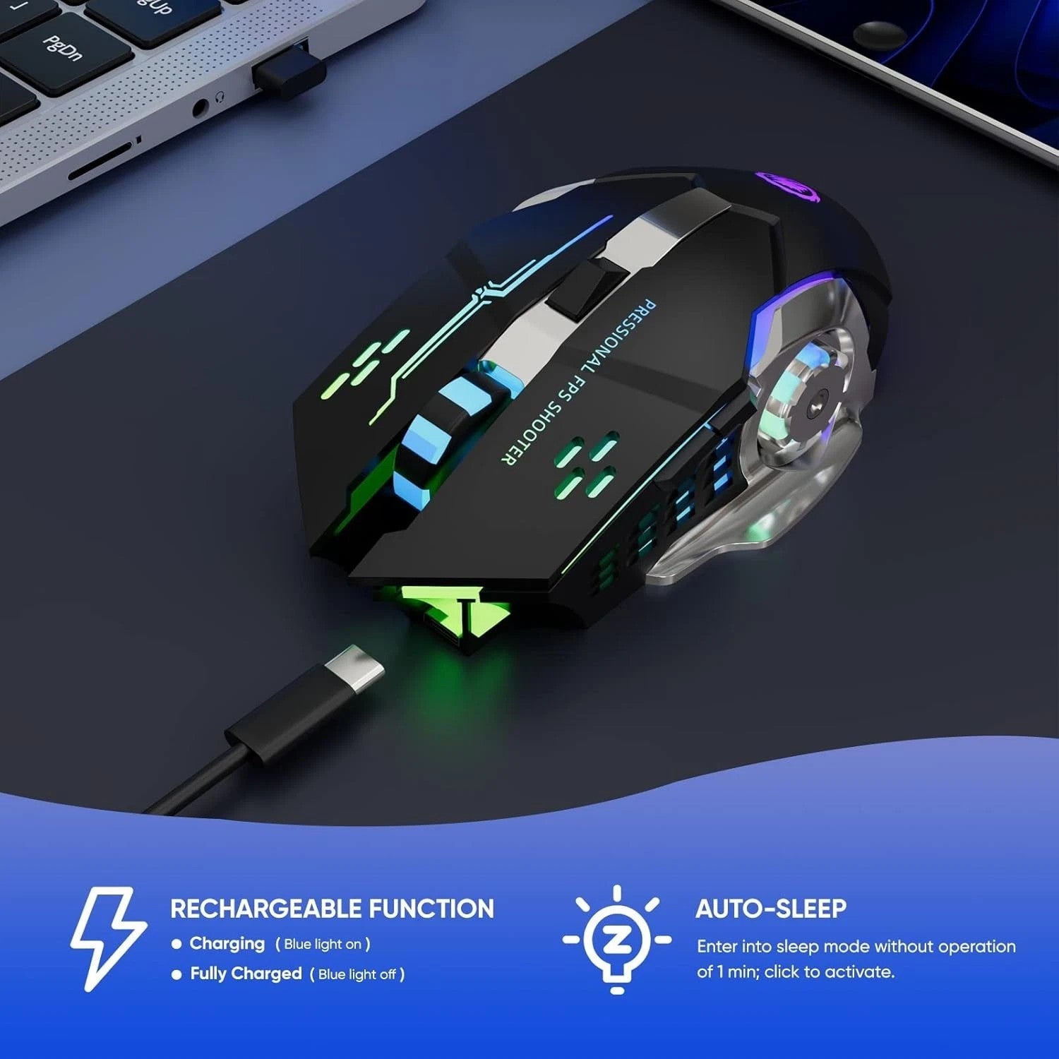 Rechargeable Wireless Mouse LED USB Gaming Mice Laptop